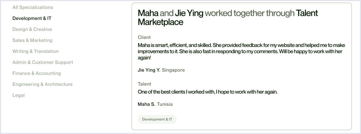Example of reviews functionality implemented on Upwork
