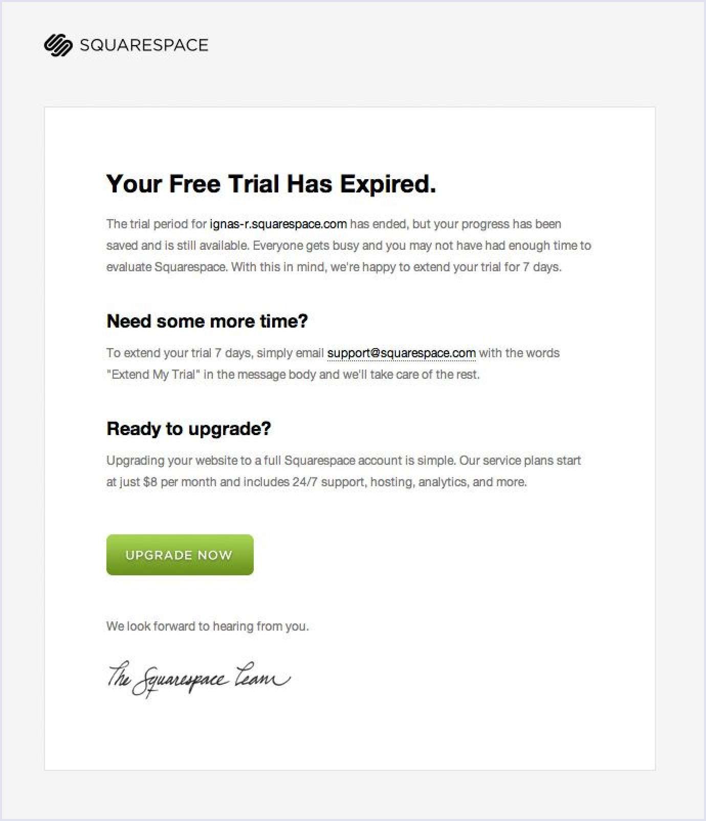 Squarespace notification at the end of a free trial Free trial end notification from Squarespace