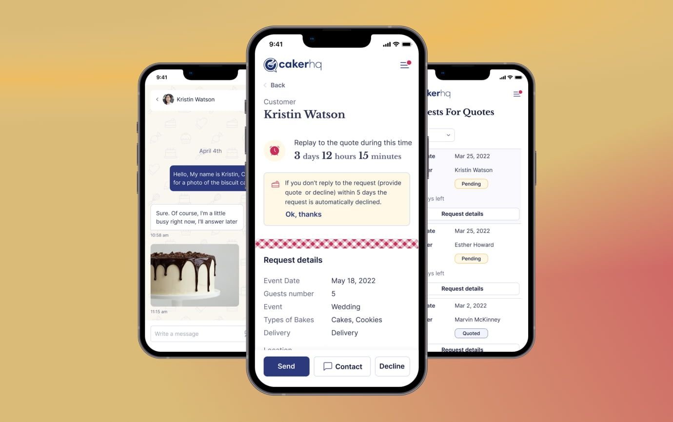 CakerHQ quoting and chat feature In-app messaging and quote request system connecting bakers