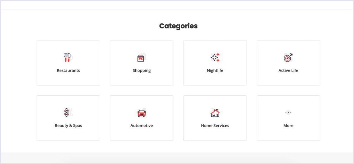 Yelp's Category Selection Page Yelp's website interface showing categories