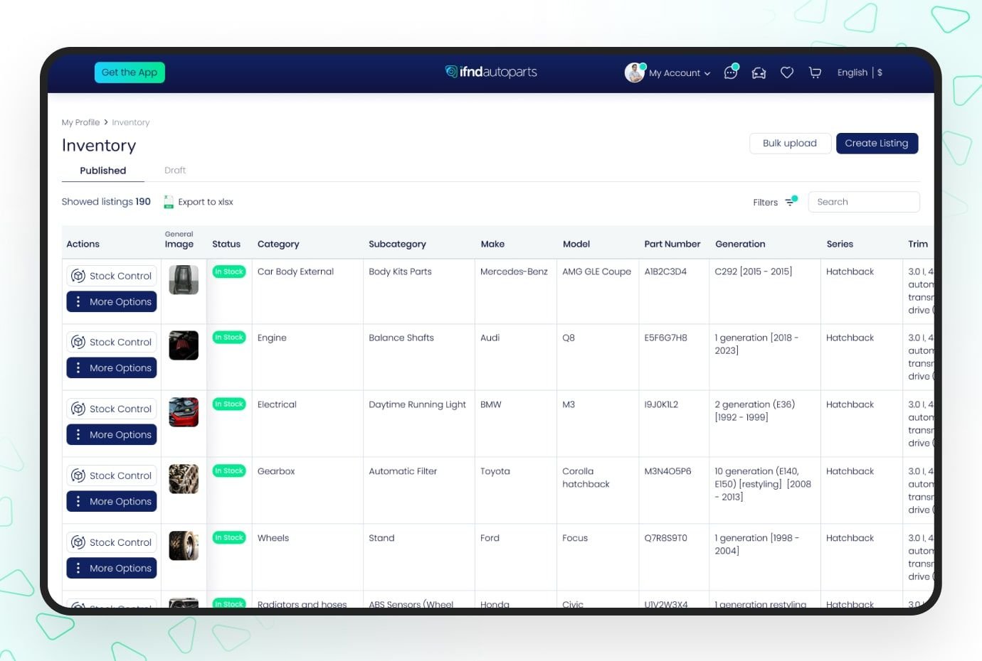 Web dashboard for managing auto parts inventory