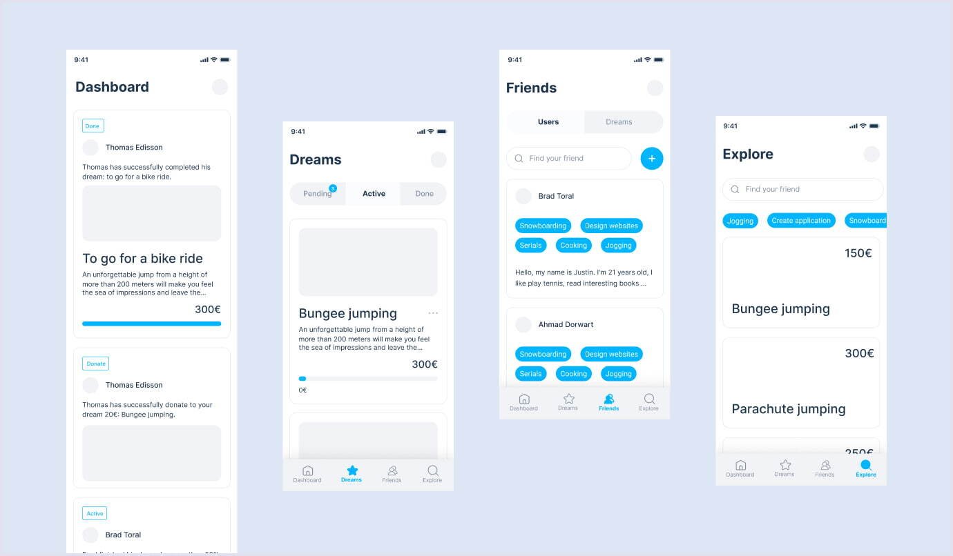 A set of wireframe mockups depicting the user interface and functionality of a mobile app, including a dashboard, activity feed, and payment screen