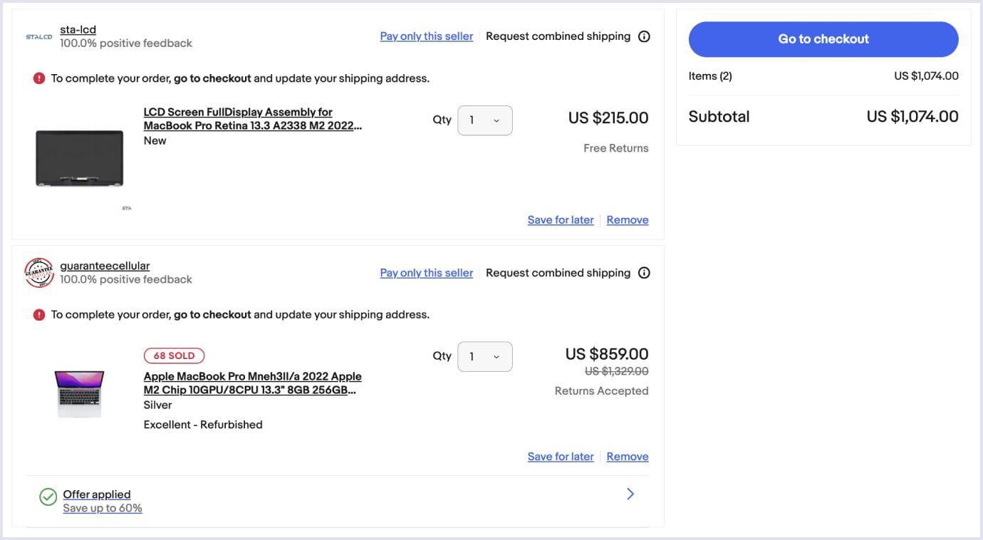 Example of a shopping cart on eBay