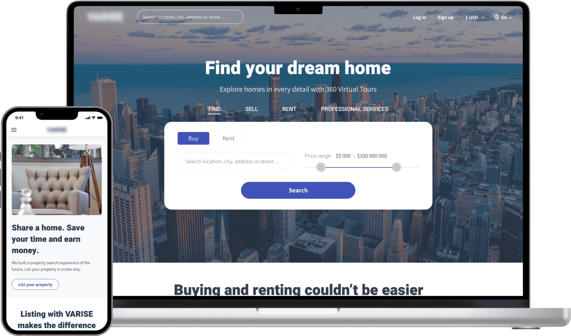 Desktop and mobile versions of real estate SaaS by Codica