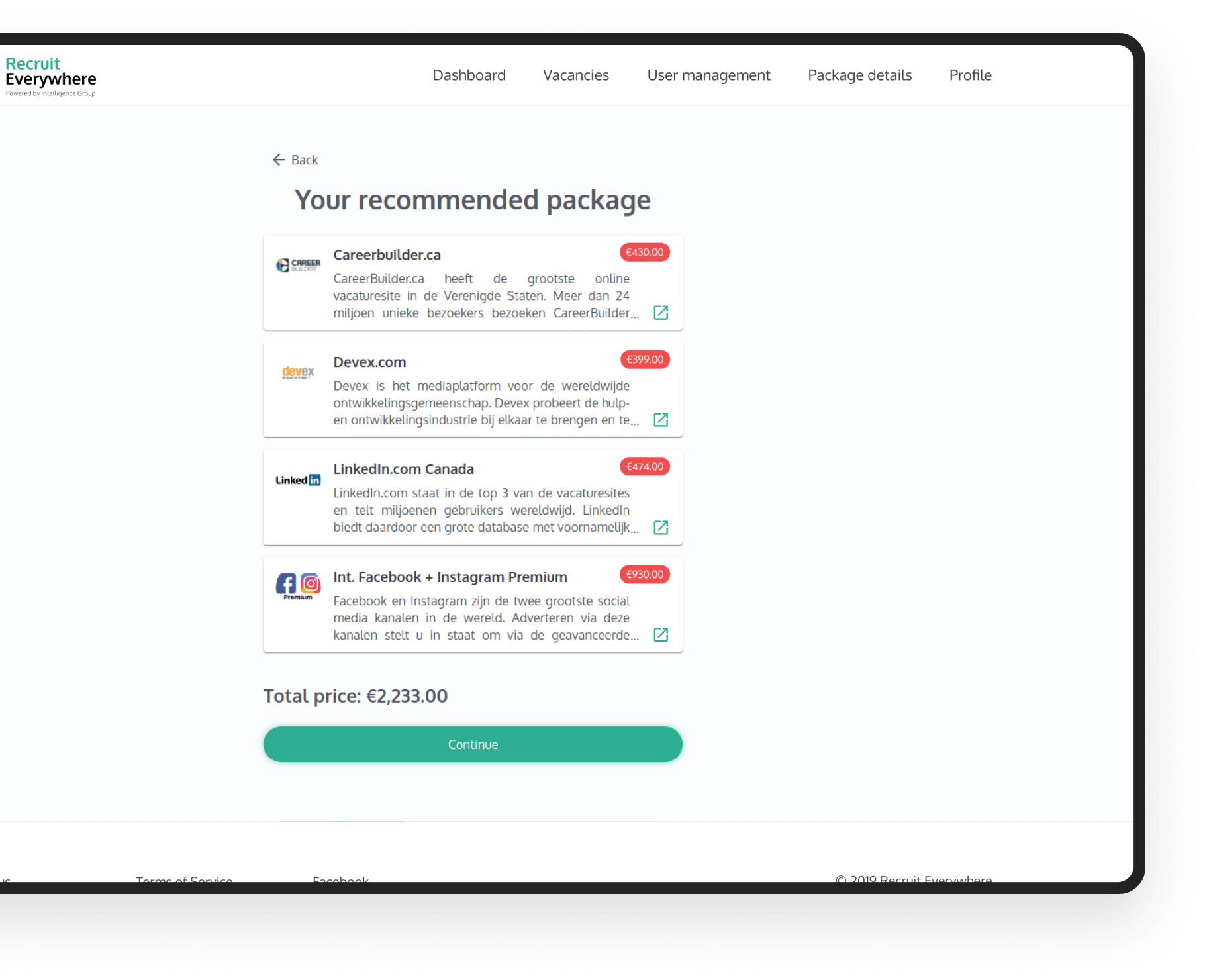 Job boards on the online hiring platform