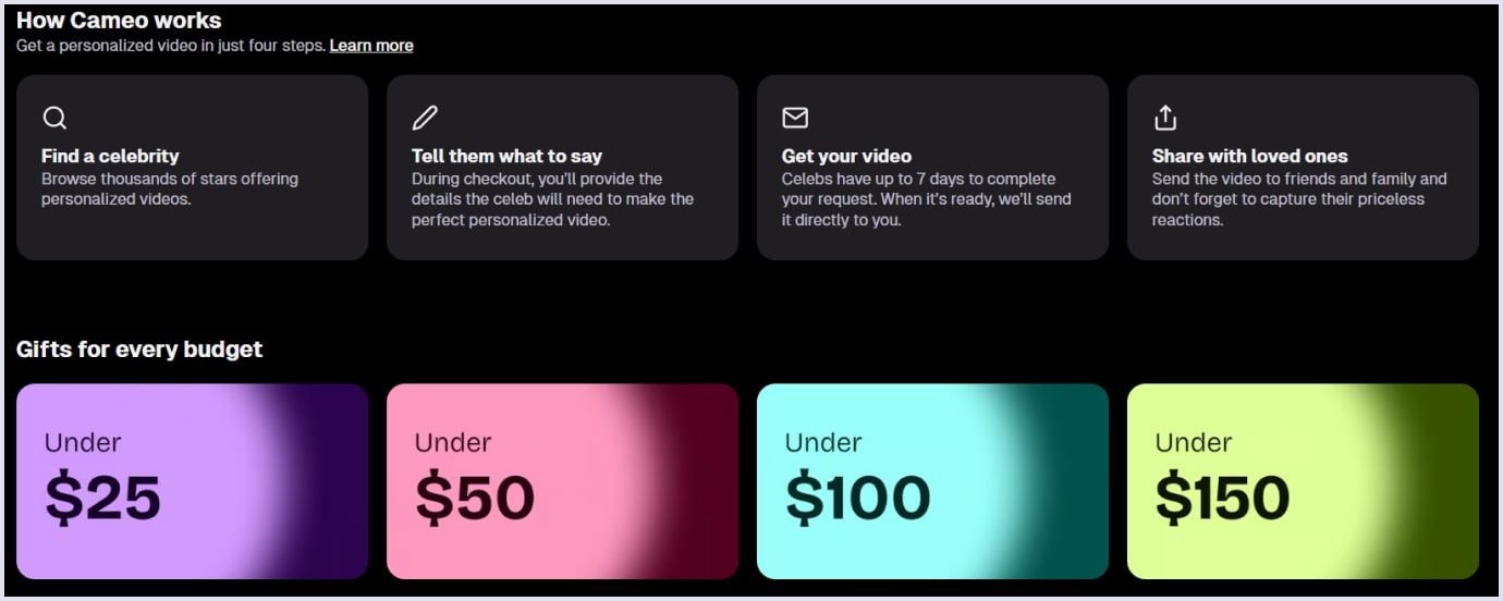 Cameo service marketplace offer