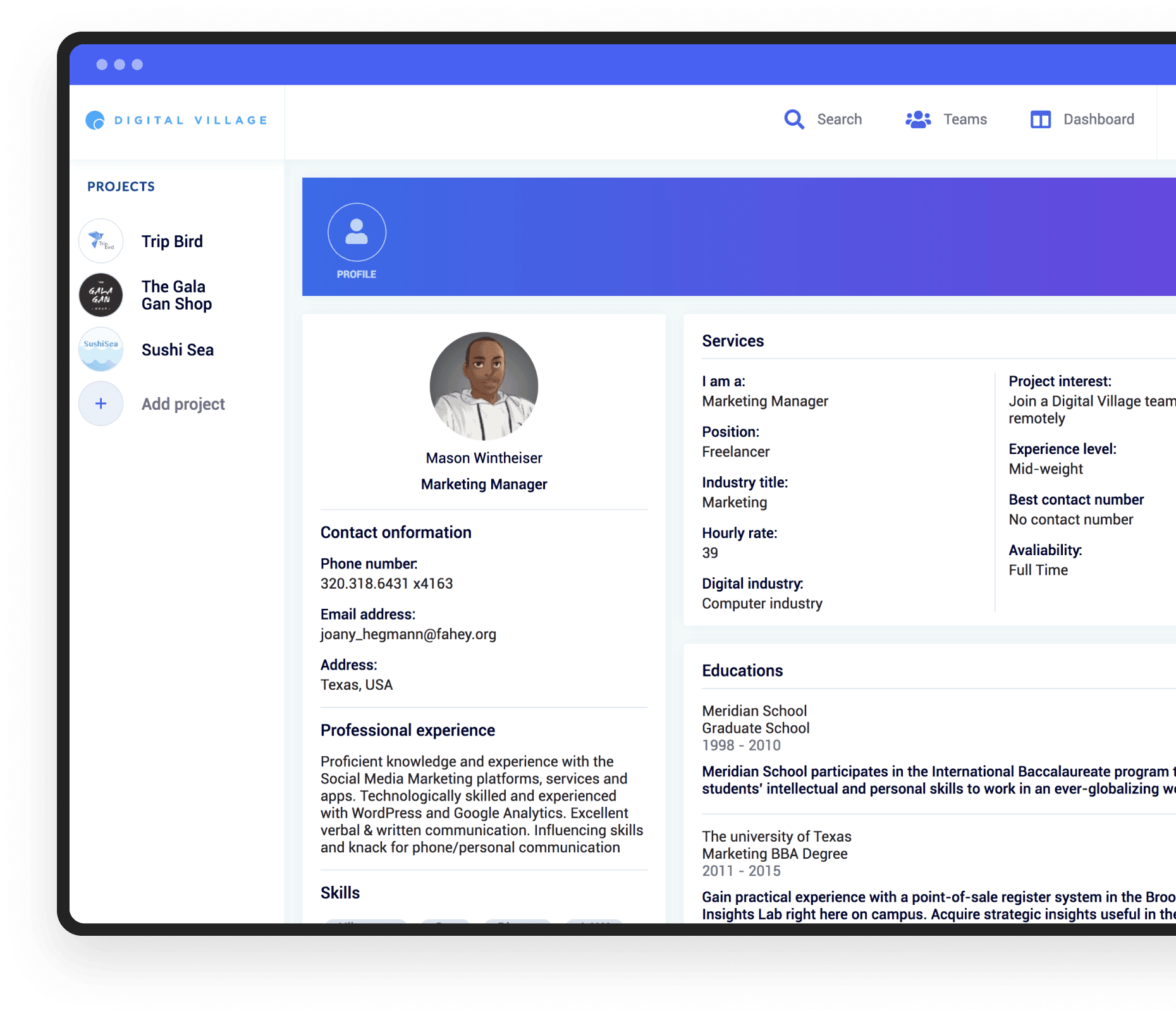 Example of a user profile on the Digital Village website Example of a user profile by collaboration marketplace