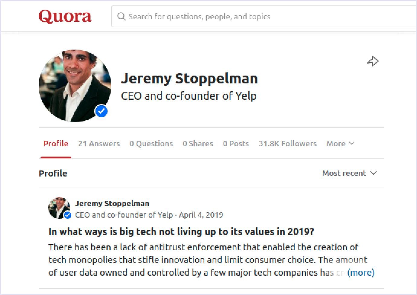 Officially confirmed profile on a Q&A website