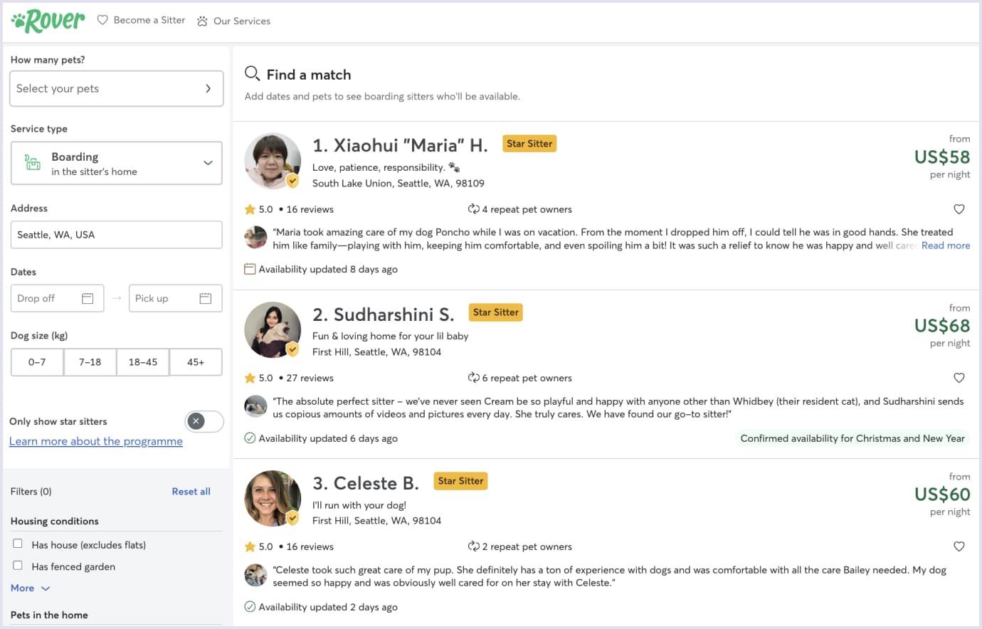 Search results showing sitter profiles and reviews on a P2P pet care platform