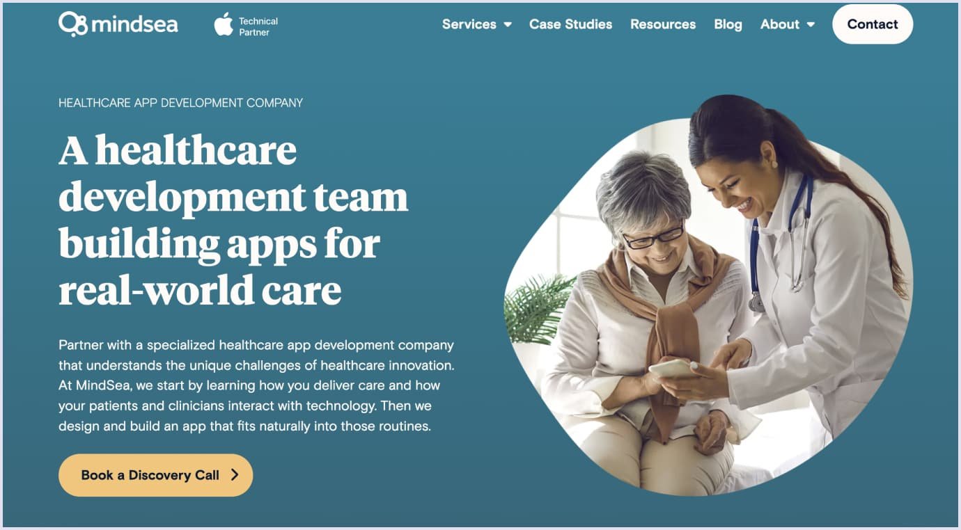 MindSea homepage featuring mobile app and digital product development services