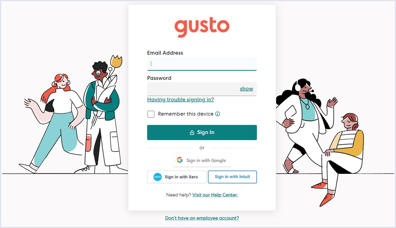 Sign-up process on the Gusto platform Sign-up process on the Gusto website