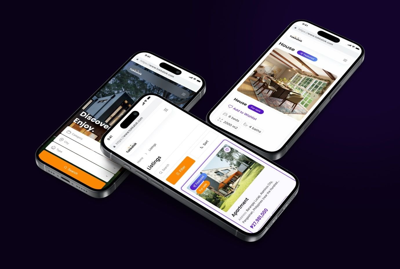 Tokkatok Mobile UI Mobile views of Tokkatok platform with property listings and search functionality