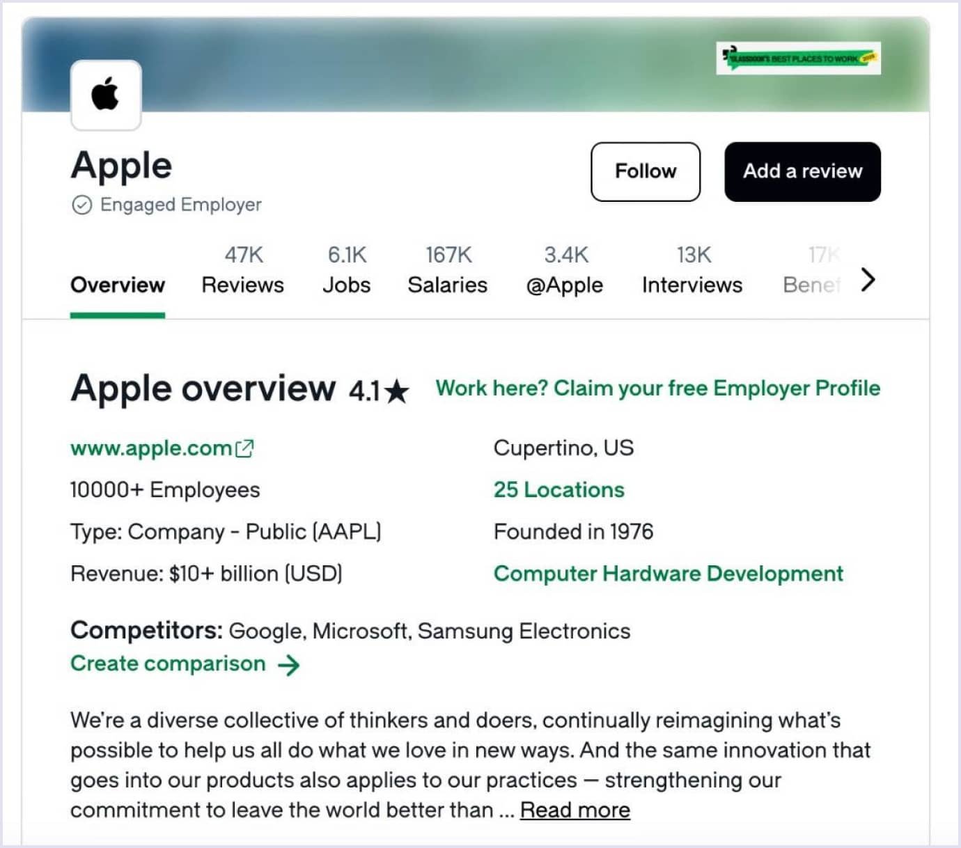 Apple Employer Profile on Glassdoor Screenshot of Apple's company profile on Glassdoor