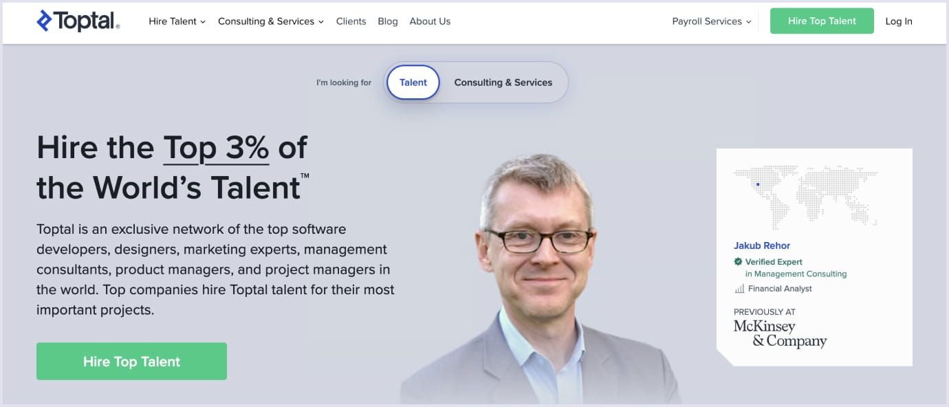 Toptal Marketplace Development Talent Network Toptal homepage featuring software developers and product experts for marketplace projects