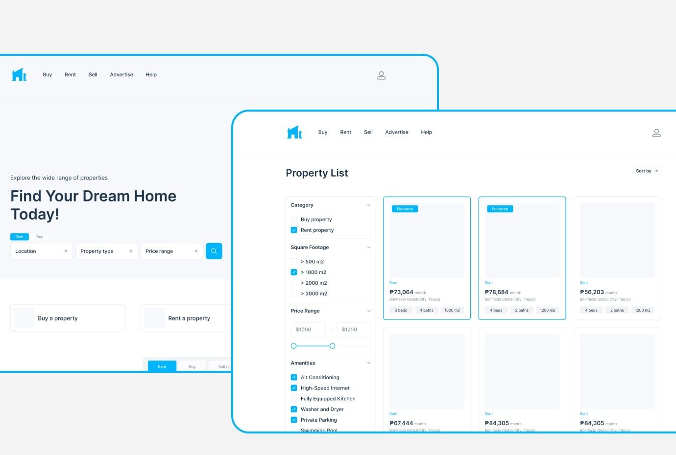 An example of a prototype build by Codica for custom marketplace for real estate A prototype for the real estate custom marketplace by Codica team
