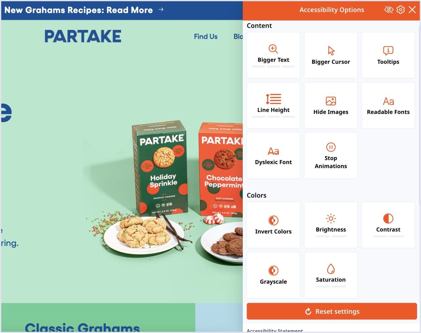 Partake Foods accessibility features example WCAG implementation by Partake Foods