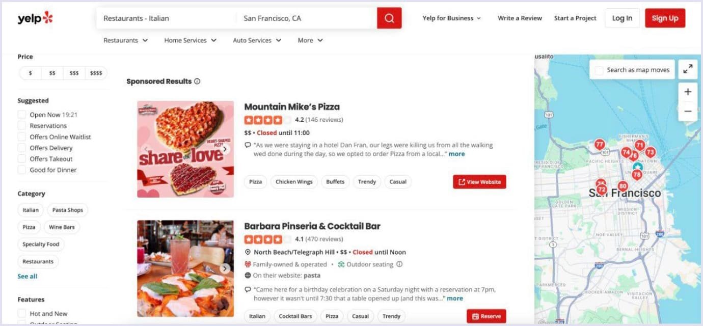 Yelp search results Yelp search results for Italian restaurants in San Francisco with map view