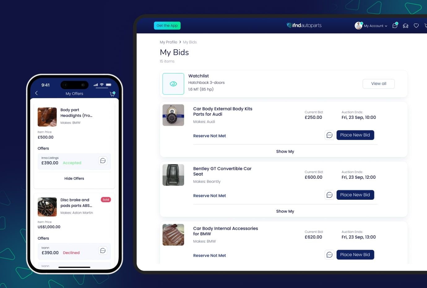 Mobile and web views of offers and active bids