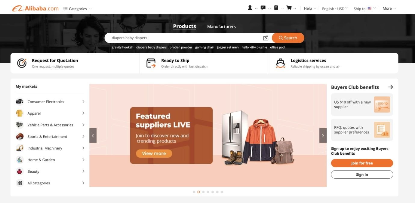Alibaba marketplace home page Main page on Alibaba website