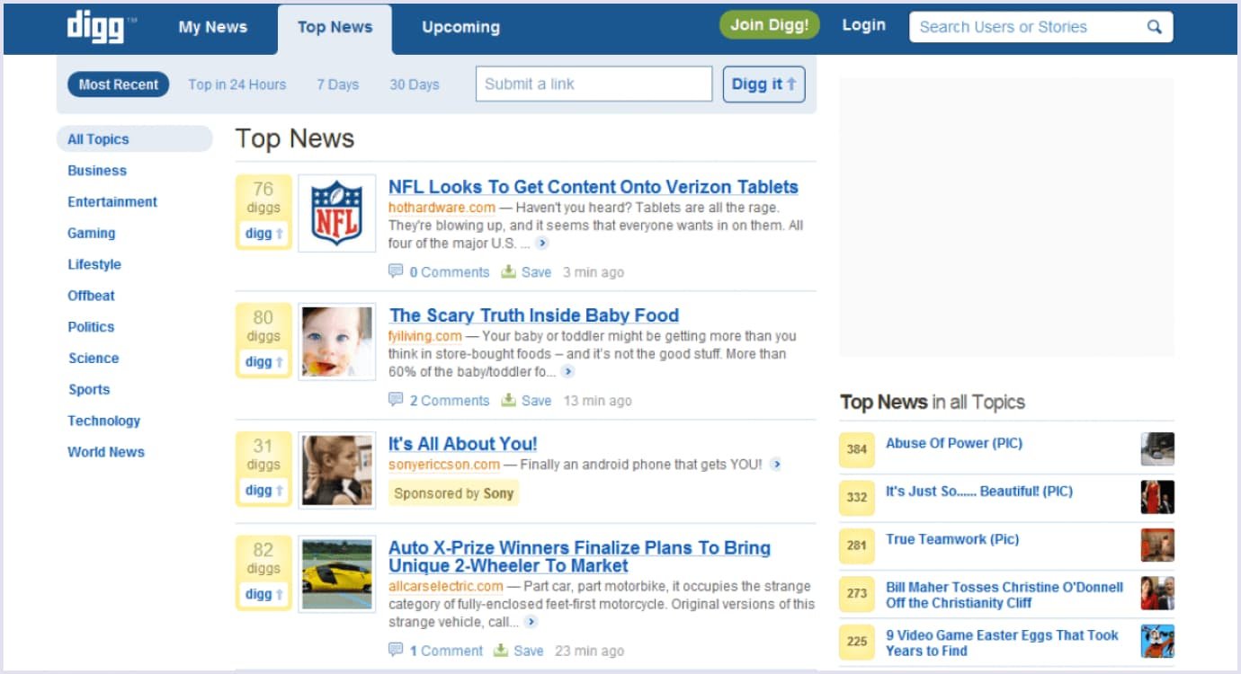 Digg interface look Digg interface
