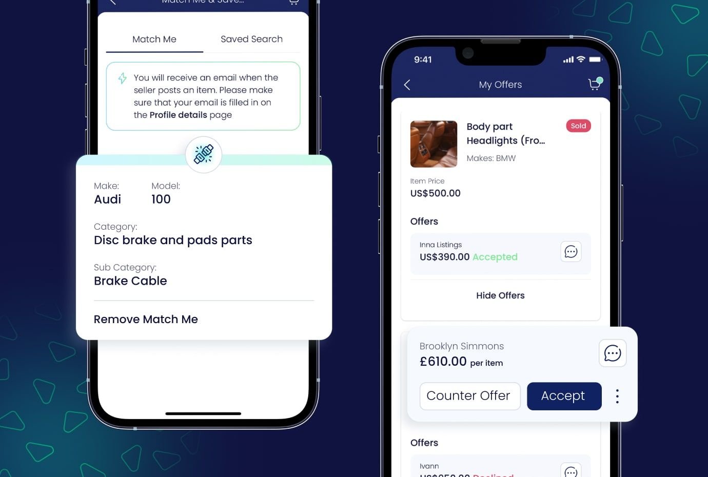 App screens with Match Me and price offers