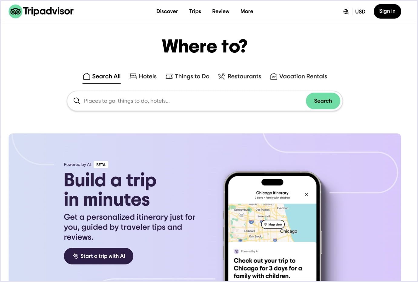 Main page of TripAdvisor website