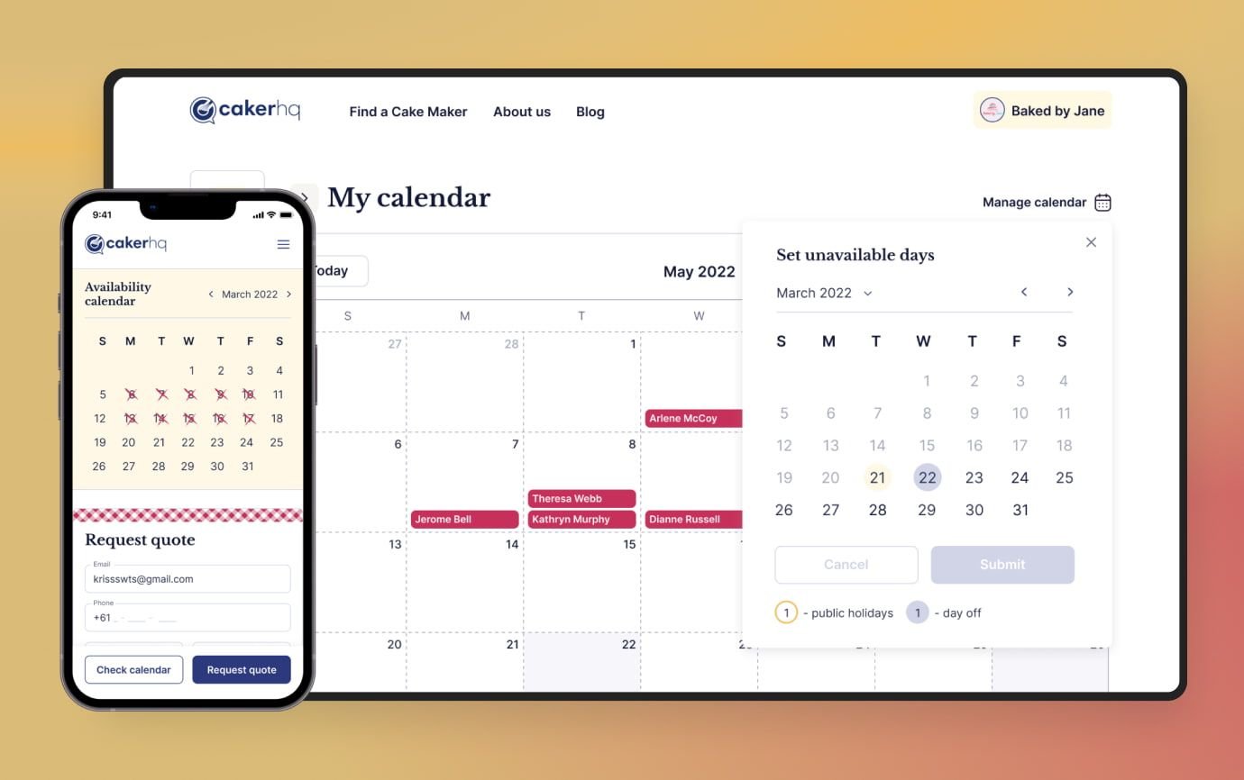 Bakery order calendar in CakerHQ Interactive availability calendar for bakers and customers