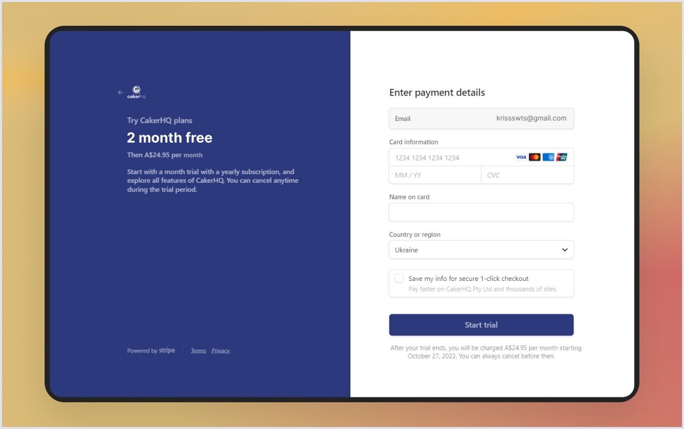 CakerHQ payment details Payment details made with Stripe integration