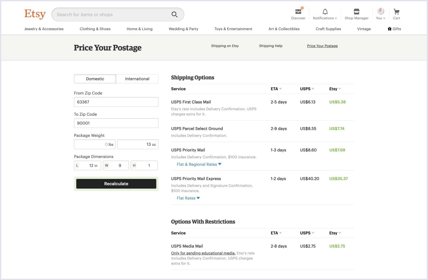 Shipping by Etsy Shipping example: Etsy