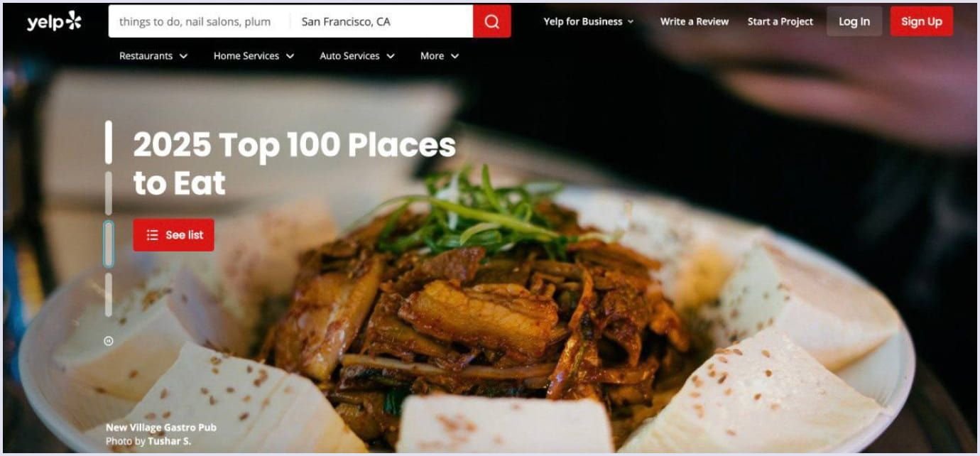 Yelp homepage 2025 Yelp homepage showcasing 2025 Top 100 Places to Eat