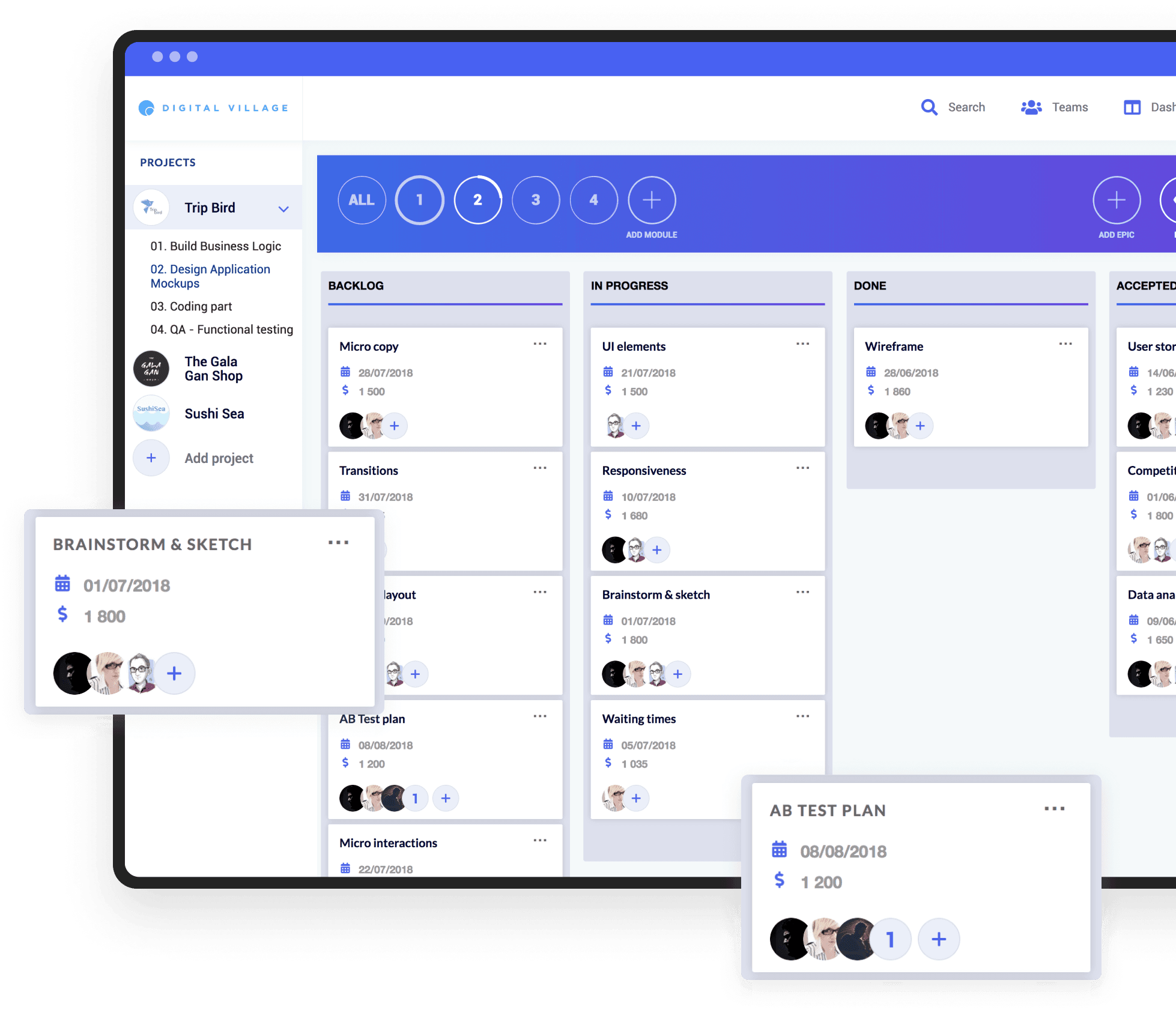 Kanban board on the Digital Village website Kanban board on the collaboration marketplace