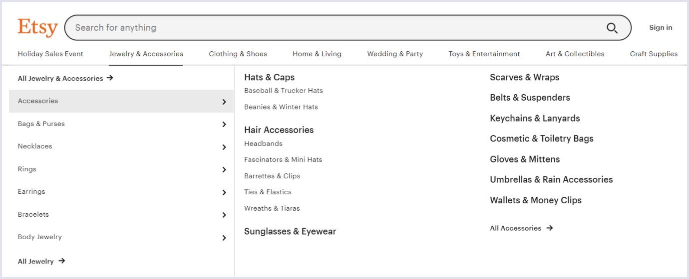 Example of web design by Etsy