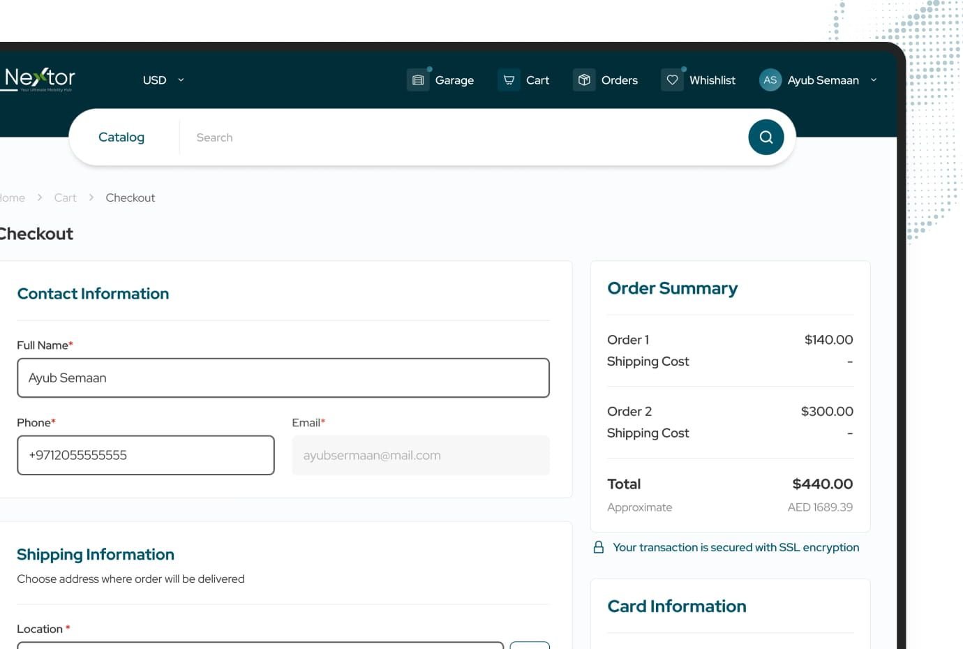 Automotive marketplace checkout with integrated shipping workflows