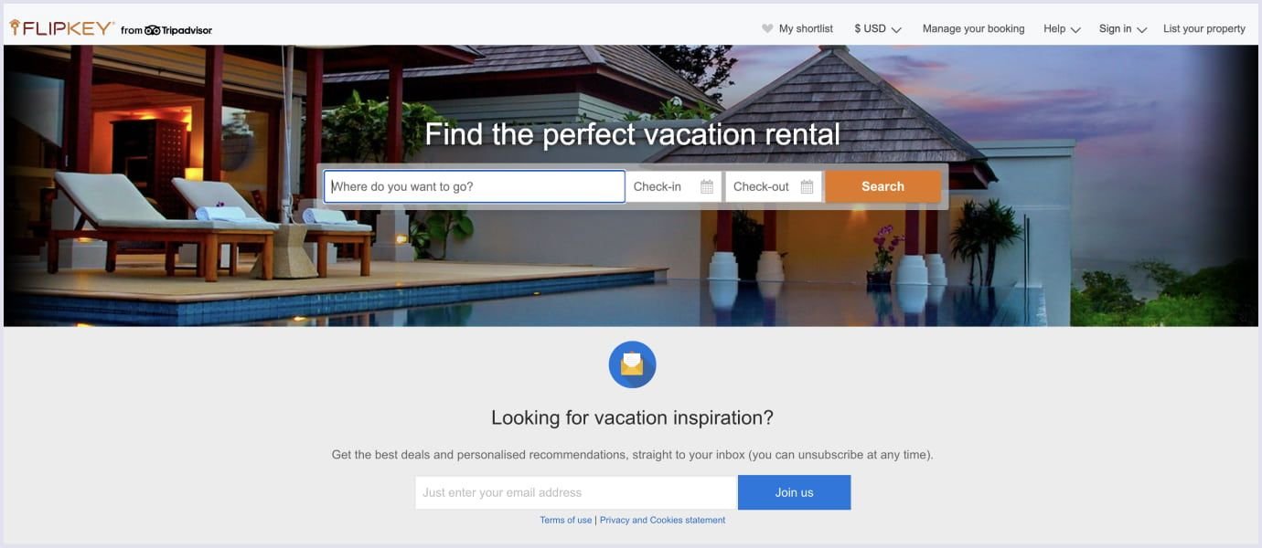 Home page of the FlipKey website