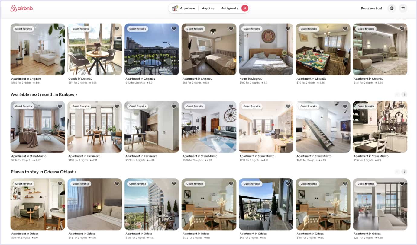 Grid of user-hosted property listings on a P2P lodging platform