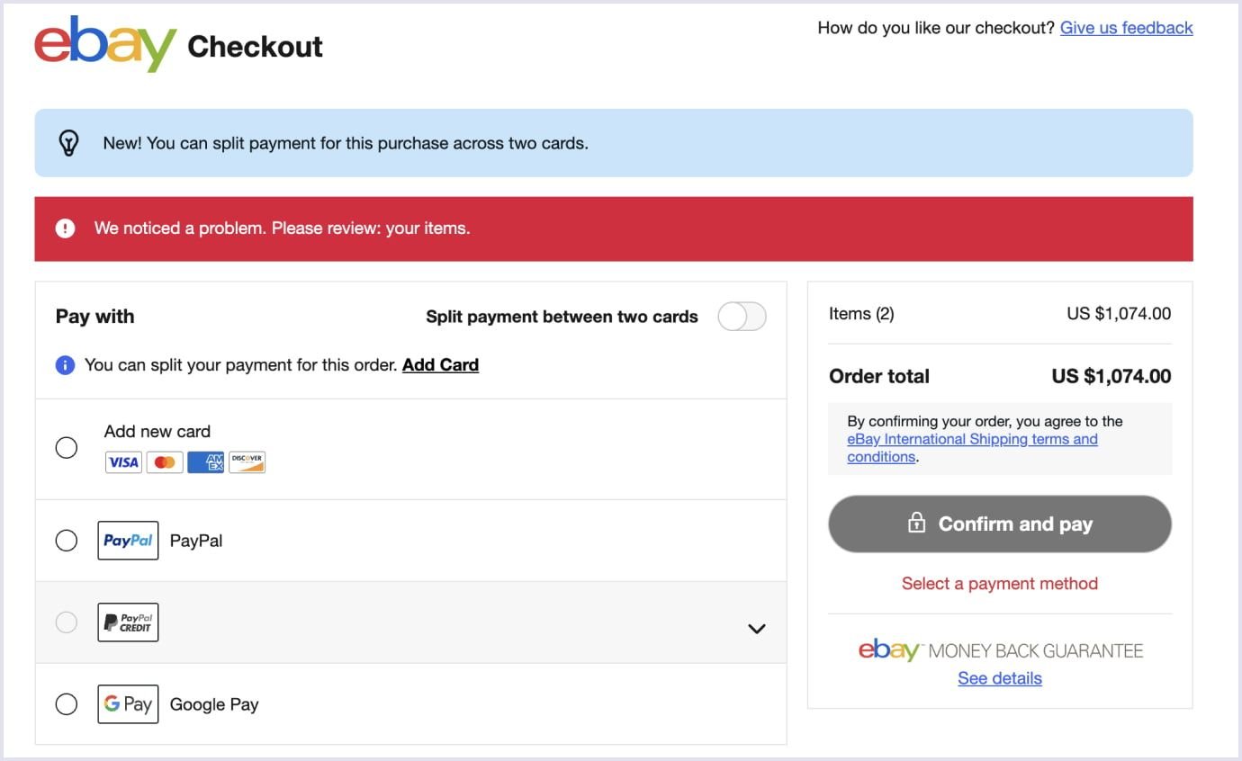 Example of a checkout page and payment methods