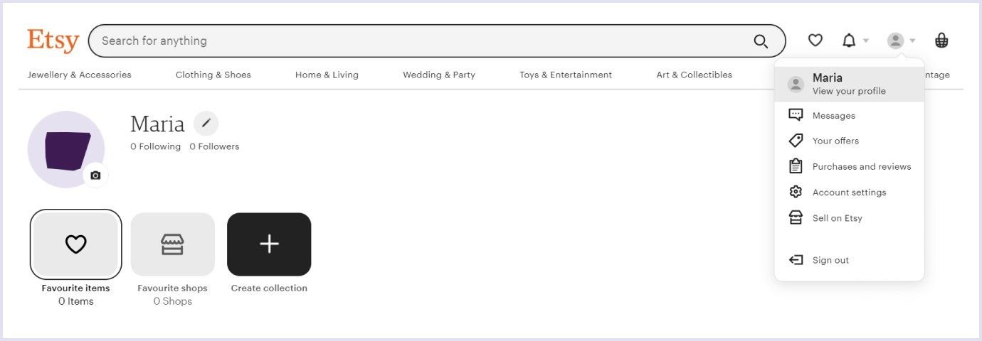 Set of options for users on Etsy Main functionality on Etsy