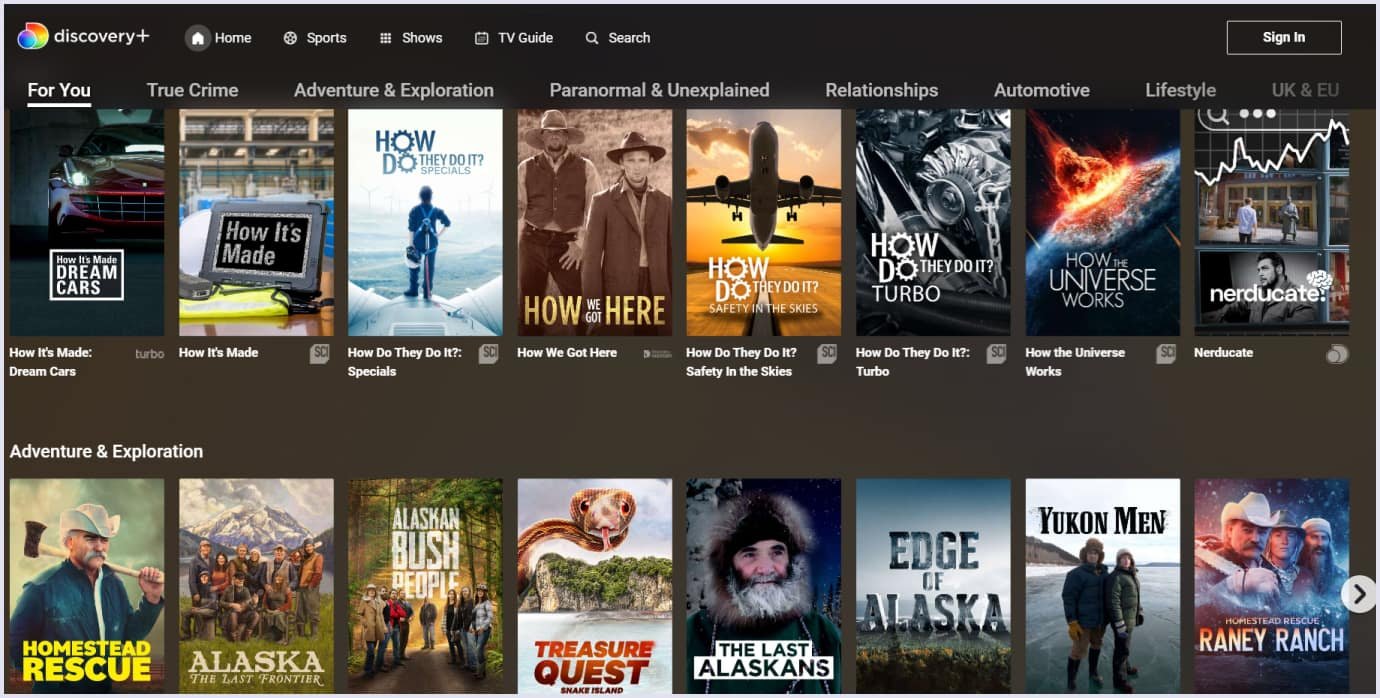 Discovery+ infotainment streaming website