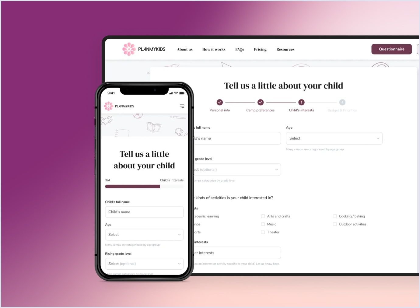 PlanMyKids questionnaires Web forms in PlanMyKids