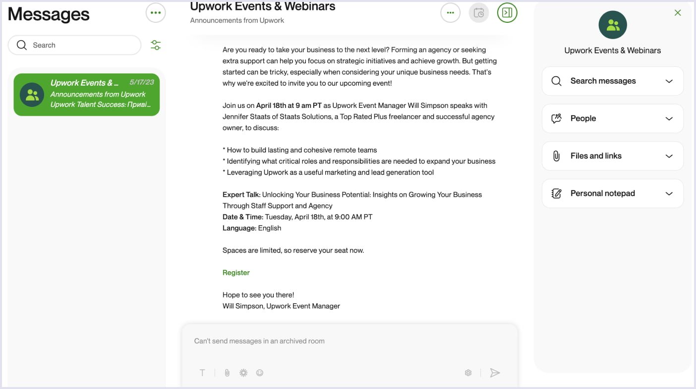 Example of messenger implemented on Upwork