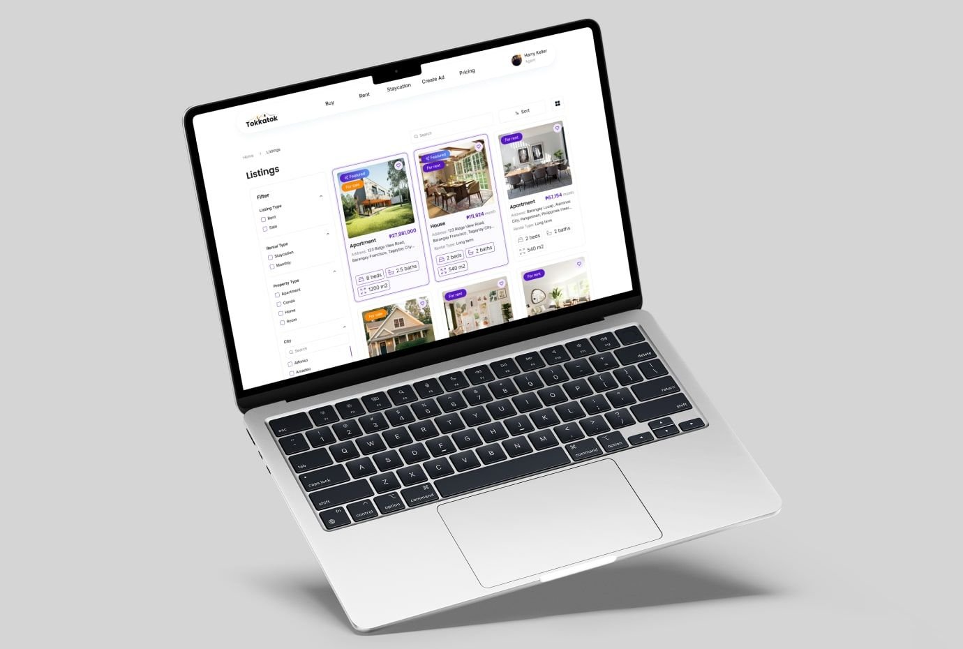 Property Search Page Tokkatok property listings interface with filters and price range selection