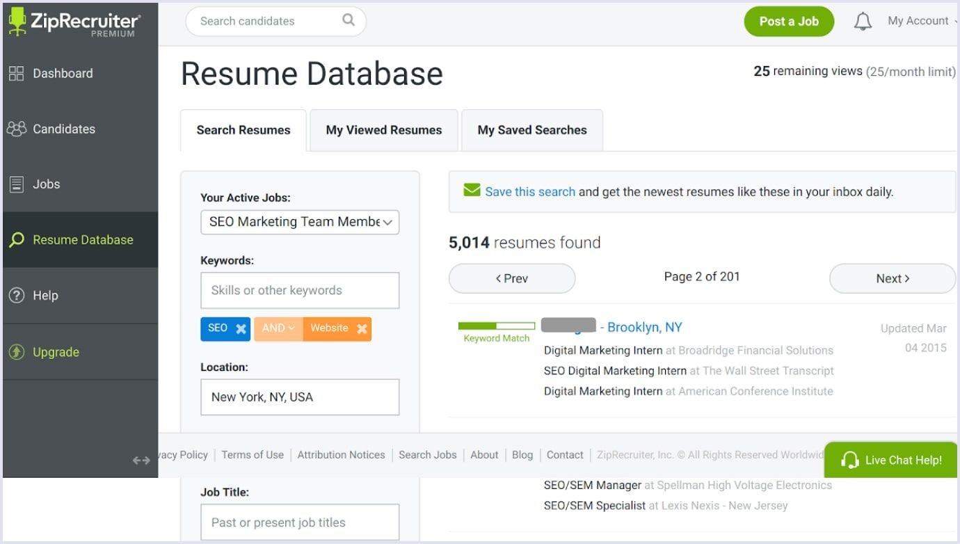 ZipRecruiter Resume Database Search ZipRecruiter's Resume Database, showing candidate search filters