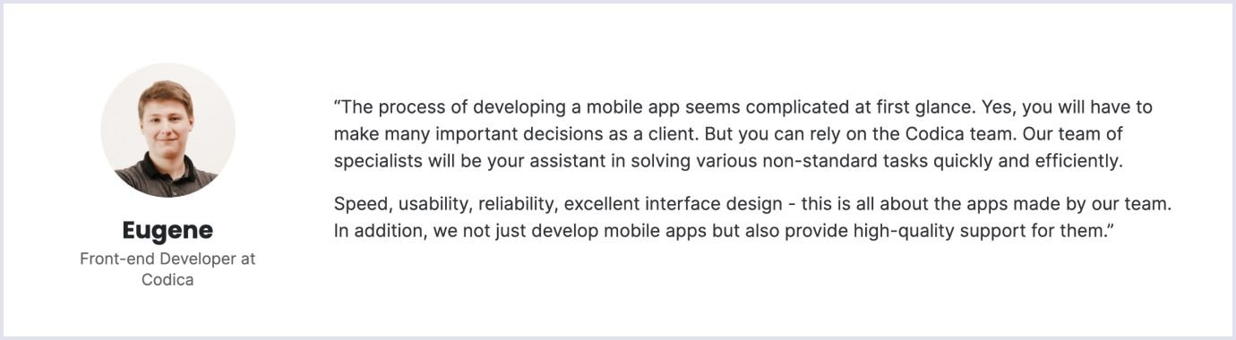 Developer's comment on Codica mobile app development Tech lead review on the development approach in Codica