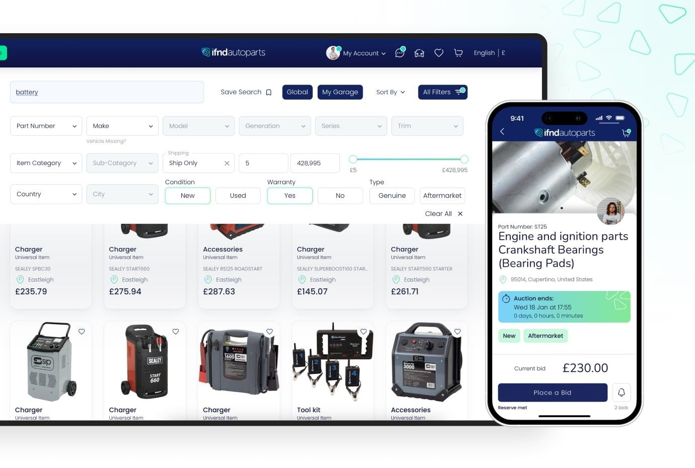 Web and mobile views of parts search and bidding screen