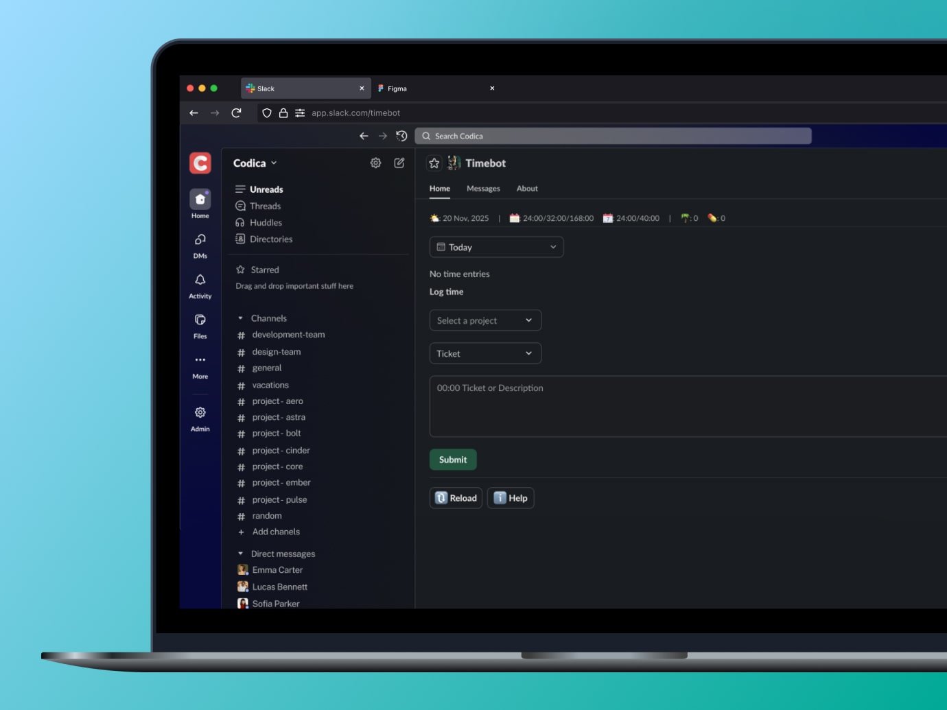 Time-tracking bot interface Timebot interface