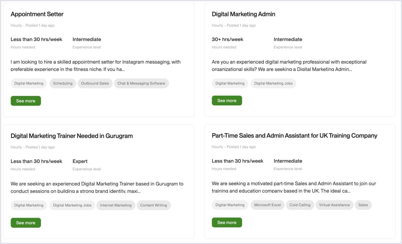 Example of job listings functionality on Upwork