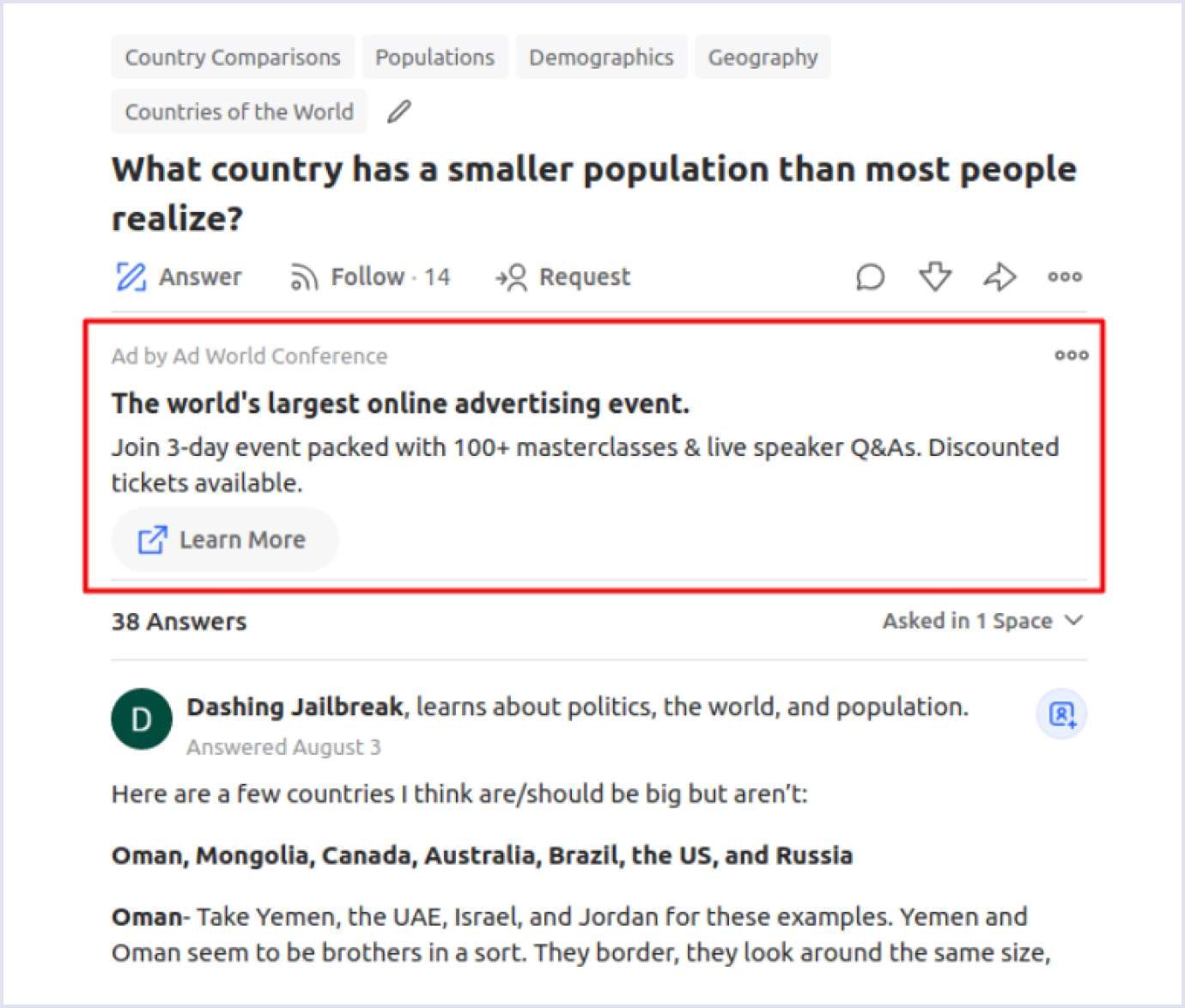 Running ads on a question and answer website