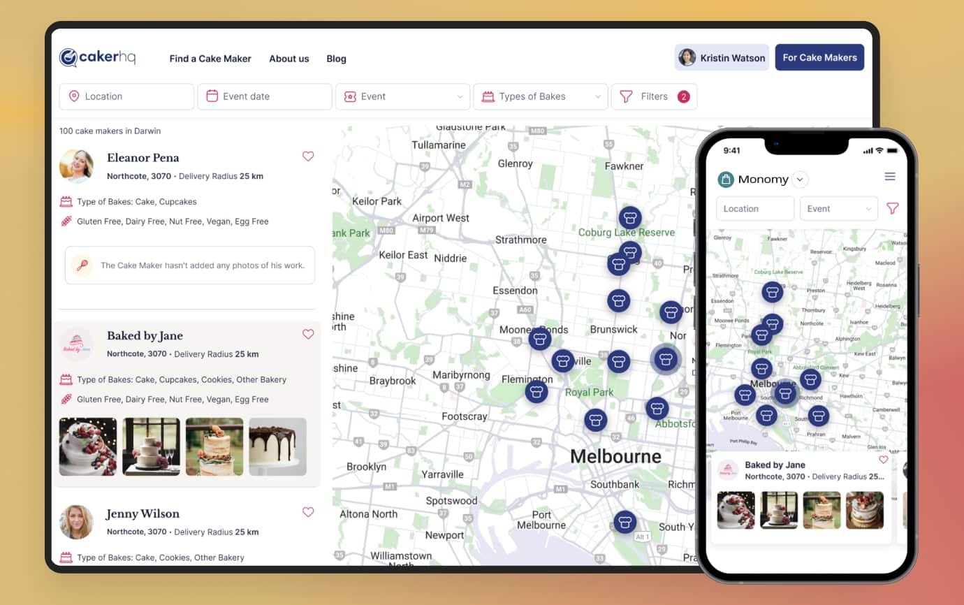 Local bakeries map in CakerHQ Google Maps integration in CakerHQ showing local bakers and delivery areas