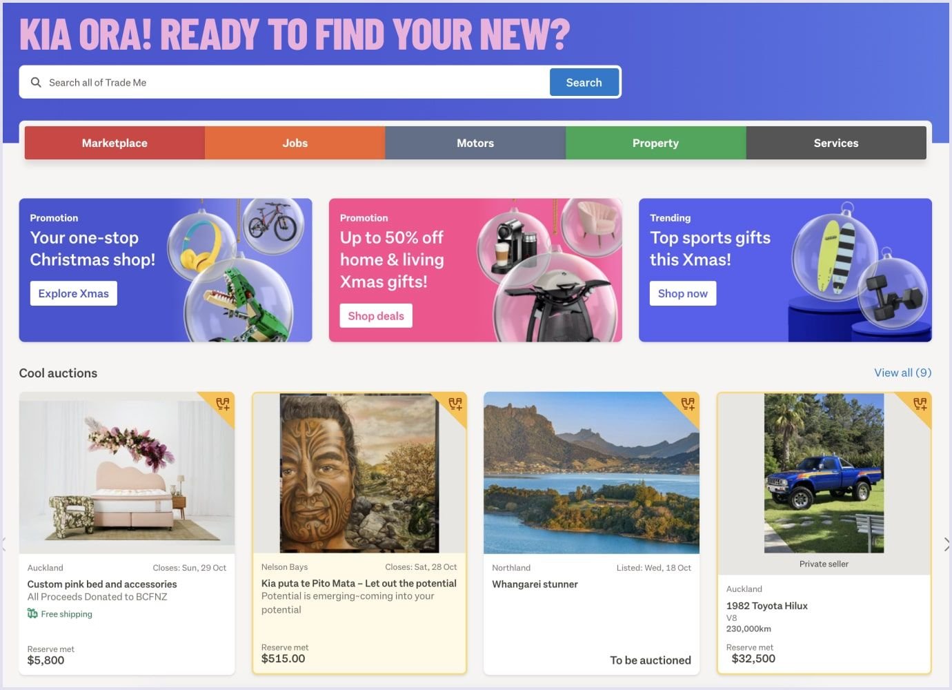 Trade Me home page Home of the Trade Me marketplace