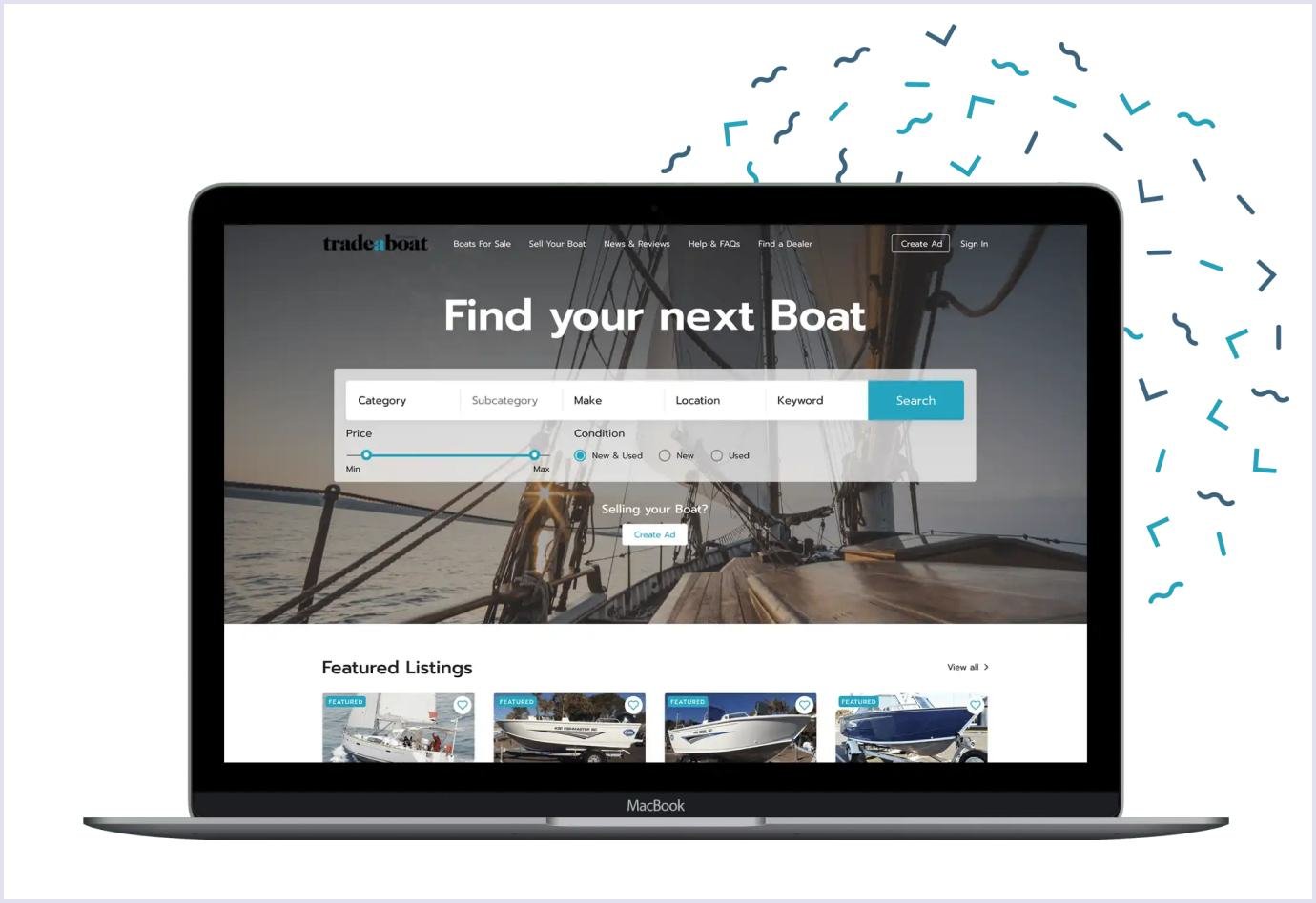 Boat marketplace interface showing search filters on a redesigned Codica project
